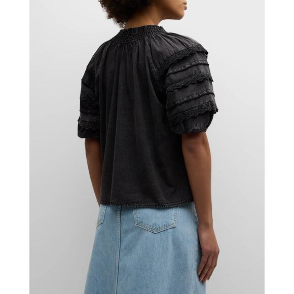 Rails Amity Acid Wash Cotton Puff-Sleeve Blouse Size M - Picture 2 of 9